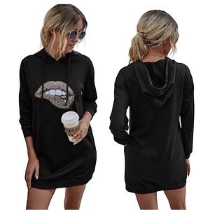 Black Graphic Leopard Print Lips Hooded Long Sleeve Sweatshirt Dress Size M NEW